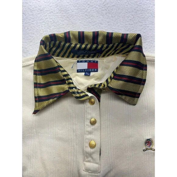 Vintage Tommy Hilfiger Ribbed Long Sleeve Polo Shirt With Striped Collar #7148 - Picture 3 of 9